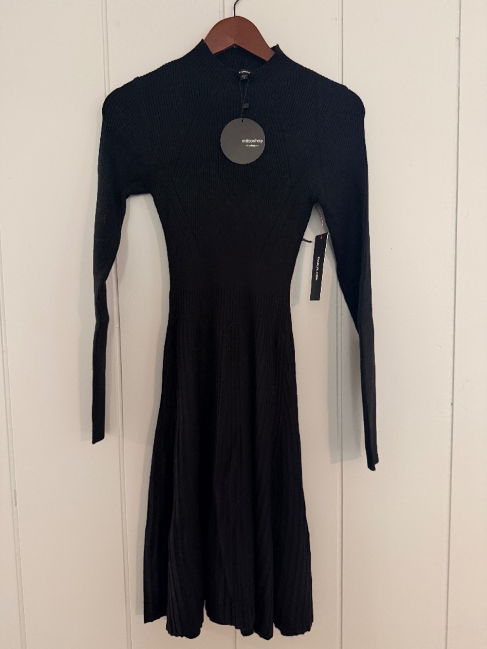 NWT Mittoshop M Black Ribbed Knit Fit Flare Midi Sweater Dress Mock Neck